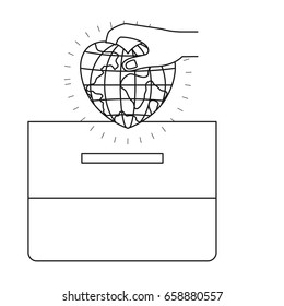 silhouette front view hand with flat globe earth world in heart shape depositing in a carton box vector illustration