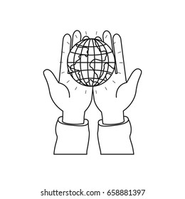 silhouette front view of hands holding in palms a earth globe world charity symbol vector illustration