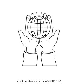 silhouette front view of hands holding in palms a globe chart with lines vector illustration