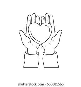 silhouette front view of hands holding in palms a heart charity symbol vector illustration