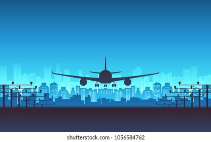 silhouette Front view of Passenger airplane landing with city skyline in blue color background