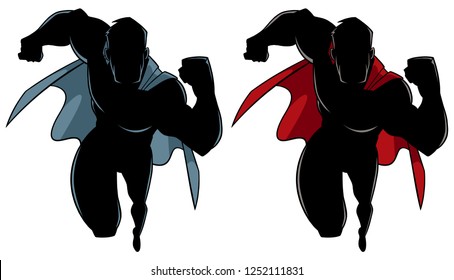 Silhouette front view of powerful and muscular superhero running fast on white background and in 2 versions.