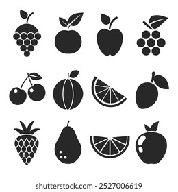  silhueta fruta vetor ícones conjunto com formas negrito e bordas suaves para projetos de design moderno.
Ícone de fruta silhueta definido em estilo vetor preto, ideal para logotipos, elementos decorativos e gráficos.