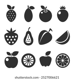  silhouette fruit vector icons set with bold shapes and smooth edges for modern design projects.
Silhouette fruit icon set in black vector style, ideal for logos, decorative elements, and graphics.