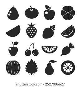  silhouette fruit vector icons set with bold shapes and smooth edges for modern design projects.
Silhouette fruit icon set in black vector style, ideal for logos, decorative elements, and graphics.
