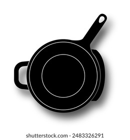Silhouette of a frying pan in black and white illustration style, as a cooking tool and one of the kitchen utensils