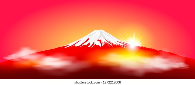 Silhouette Fuji mountain at sunrise. Fuji against the red sky and the rising sun. Landscape, Mount Fuji. Mount Fuji on a red background.