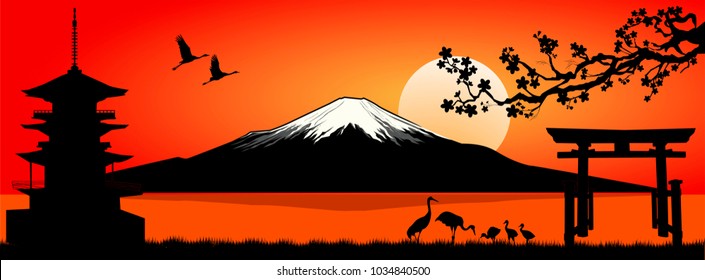 Silhouette Fuji mountain at sunset. Landscape, Mount Fuji.  