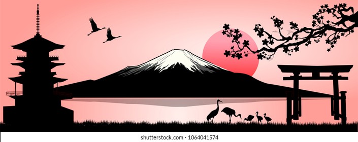 Silhouette Fuji mountain at sunset. Landscape, Mount Fuji. Mount Fuji on a pink background.                                                                                               