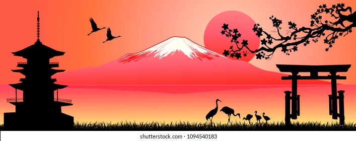 Silhouette Fuji mountain at sunset. Landscape, Mount Fuji. Mount Fuji on a pink background. 