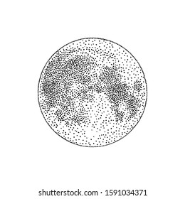 Silhouette of full moon hand drawn in modern dotwork style. Monochrome lunar astronomical body