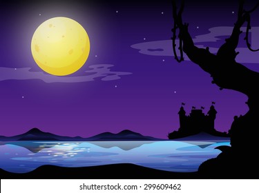 Silhouette of a full moon night with purple sky and castel on the other side of the river