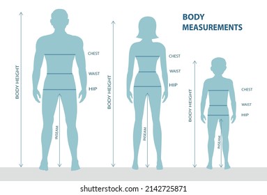 A silhouette of a full-length man, woman and boy with measurement lines of body parameters, male and female measurements, and children's measurements, human body measurements and proportions.vector, 