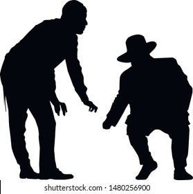Silhouette fumes jews men. Religious Jew in a traditional costume. Hasid with sidelocks. A man walking forward. Isolated vector illustration. Black on white.