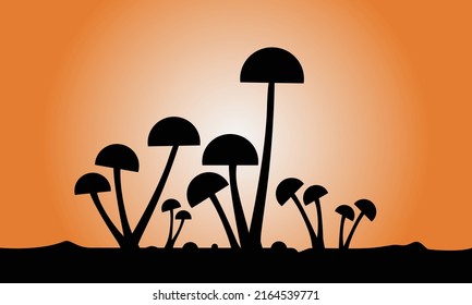 Silhouette of fungi against the background of the twilight sky, for design of agriculture and farming, biology and ecosystem