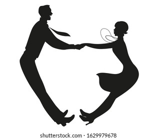 Silhouette of funny couple wearing vintage clothes dancing retro dance isolated on white background