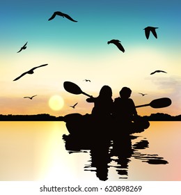 Silhouette of funny girls kayaking.