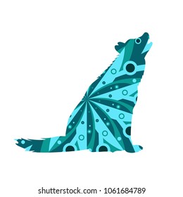 Silhouette of funny howling wolf with circular background. Blue tones.