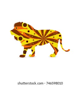 Silhouette of funny lion with circular background. Yellow tones.