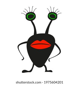 Silhouette of a funny monster girl with red lips and long eyelashes. Isolated vector on a white background.