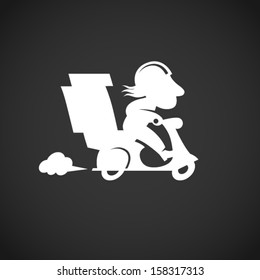 Silhouette funny pizza delivery man on motorbike. Cartoon character in retro style. It can be used for decorating of invitations, cards, menu, decoration for bags and clothes.