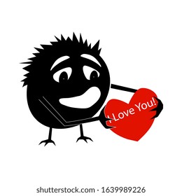 Silhouette of a funny romantic creature with a red heart in his hands and the inscription I love you. Little animal on Valentine's Day. Isolated vector on a white background.