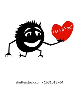 Silhouette of a funny romantic little animal standing on one knee with a red heart in his hands and the inscription I love you. Little animal on Valentine's Day. Isolated vector on a white background.