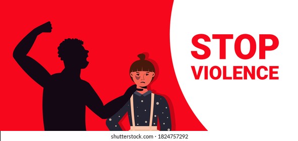 silhouette of furious angry man raised punishment fist over scared or terrified woman stop family violence and aggression concept horizontal portrait vector illustration