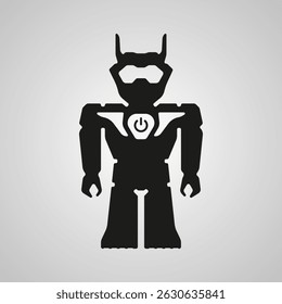 Silhouette of a futuristic robot toy with a power button symbol on its chest, set against a light gradient background.