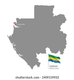 Silhouette of Gabon country map. Gray editable map with waving national flag and Libreville city capital, Middle Africa country territory borders vector illustration on white background