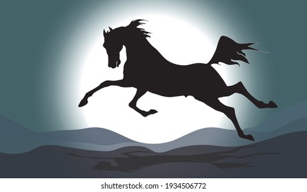 the silhouette of a galloping horse isolated against the background of a night star