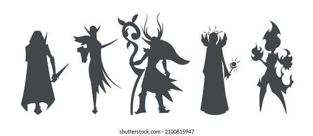Silhouette of Game races and classes of MMORPG games: Dark elf assassin, thief,druid elf, priest, fire mage