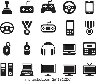 Silhouette Gaming And Entertainment Icons Set. Console, VR, Streaming, sports. Vector Illustration