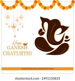  A silhouette of Ganesha the elephant-headed god of prosperity to the right is a lit candle with a red flame, and to the left are orange and yellow flowers Happy Ganesh Chaturthi in yellow