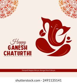 Una silueta de Ganesha sobre un fondo blanco El texto dice Feliz GANESH CHATURTHI y debajo dice Ganpati Bappa Morya Mangal Murti Morya frases usadas durante Ganesh Chaturthi un festival de diez días