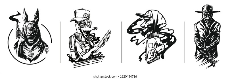 Silhouette Of A Gangster Set - Stiker Vector Illustration. 