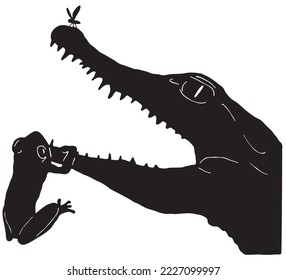 Silhouette of a gaping Nile crocodil eating frog and insect  logo Vector illustration. crocodil logo