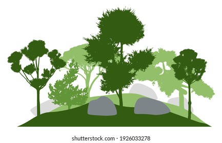 Silhouette de jardín con árboles decorativos. Hermosos árboles de coníferas. Ilustración vectorial.