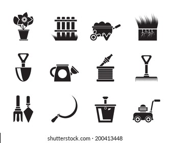 Silhouette Garden and gardening tools icons - vector icon set