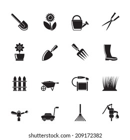 Silhouette Garden and gardening tools and objects icons - vector icon set