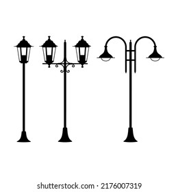 Silhouette Of Garden Lamp, Street Lamp, Outdoor Path And Garden Lantern, Street Lamp Isolated Vector Object