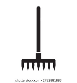 Silhouette of a garden rake with a long handle and metal tines