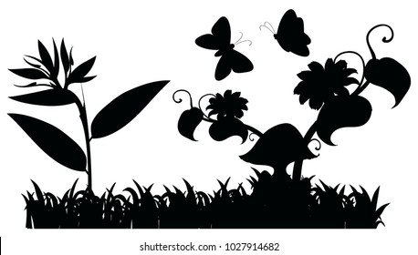 Silhouette garden scene with butterflies illustration