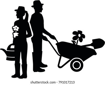 Silhouette of a gardener couple with watering can and wheelbarrow