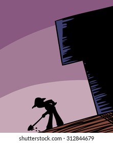 Silhouette of gardener digging in ground during twilight