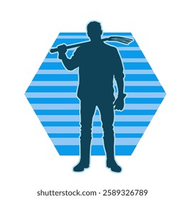 silhouette of a gardener holding a pitchfork. silhouette of a construction worker holding a fork tool.