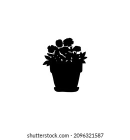 silhouette gardenia with flowers houseplant. Indoor potted plant vector black and white outline doodle illustration.