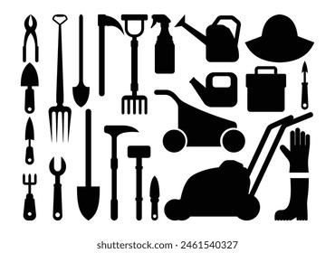 silhouette gardening tools Fork Rake Gloves Shovel Trowel Hose Watering Can Pruning Shears Secateurs white background