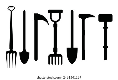 silhouette gardening tools rake leaf Rake shovel