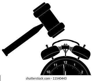 silhouette of gavel smashing down alarm clock - vector